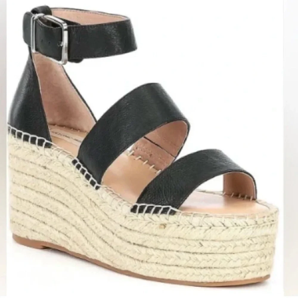 Antonio Melani Bayshore Leather Black Tan Strappy Wedge Platform Sandal 10